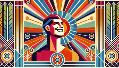 Ein farbenfrohes Art-Déco-Bild zeigt eine fröhliche Person, die aufgrund eines positiven Mindsets froh gestimmt ist. Die Szene ist durch kräftige geometrische Formen und große, farbenfrohe Flächen geprägt. Die Person lächelt und strahlt Glück aus, umgeben von einer hellen und fröhlichen Atmosphäre. Der Hintergrund zeigt typische Art-Deco-Elemente wie symmetrische Muster und stilisierte Motive, die alle in lebendigen, auffälligen Farben dargestellt sind.